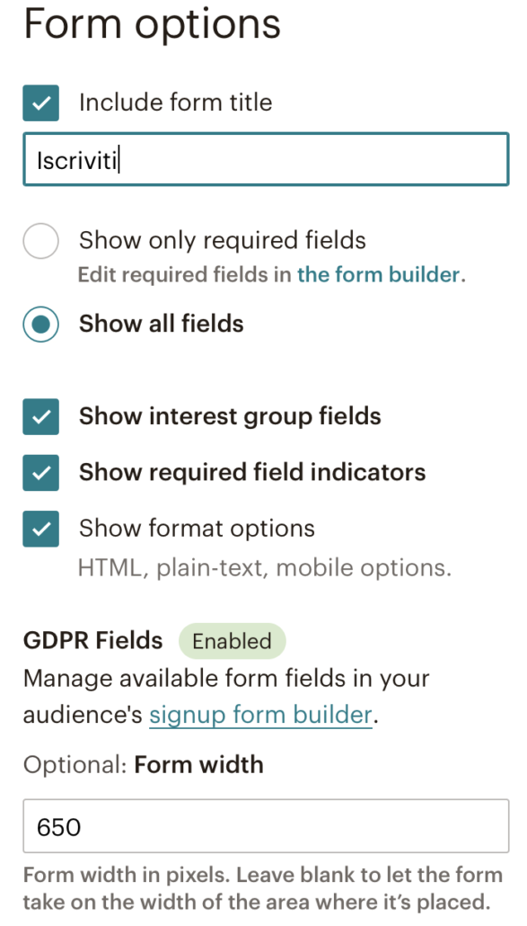 Impostazioni form di Mailchimp