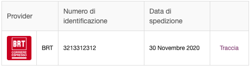 Dati sulla spedizione inviati via mail al cliente