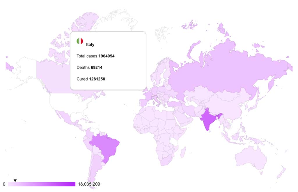 Mostrare una mappa interattiva con i casi di COVID-19 in ogni paese del mondo.