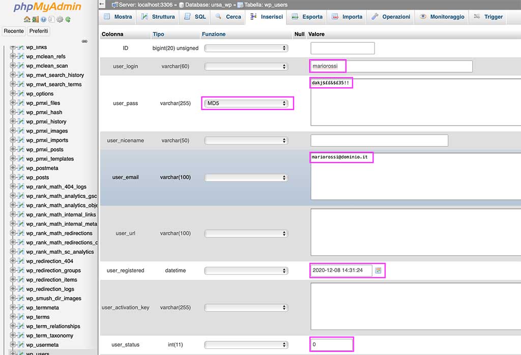 Inserire utente Admin da phpMyAdmin