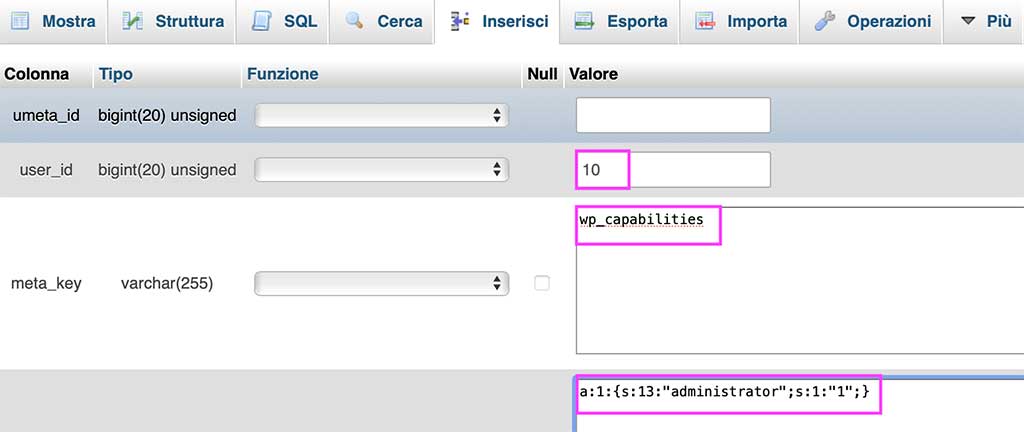 Valori da inserire nella tabella wp_usermeta