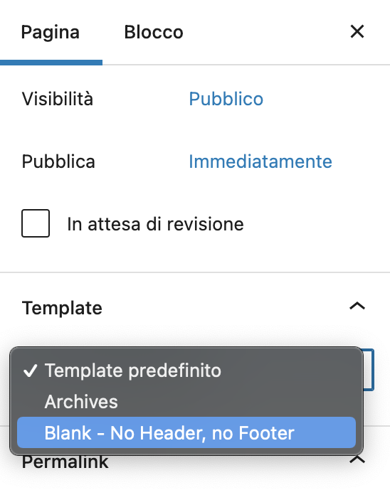 Template di pagina senza header e footer su WordPress